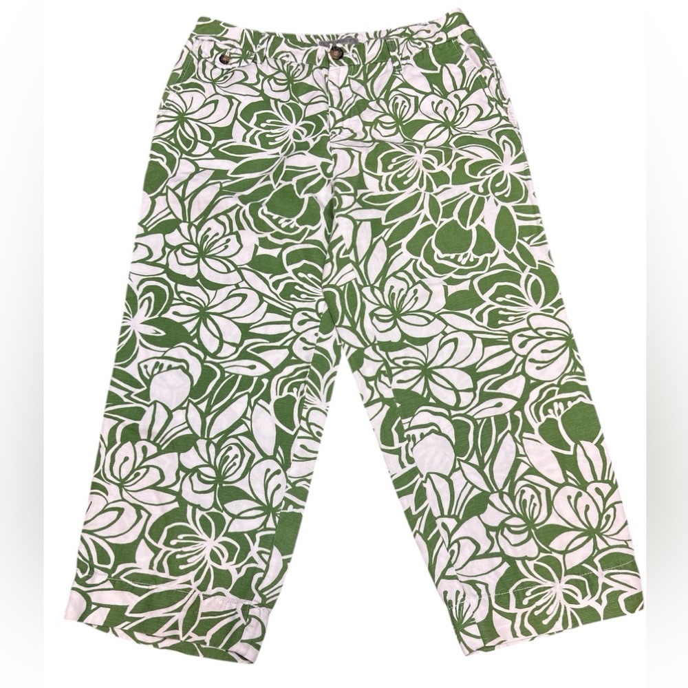 Liz Claiborne Coastal Green White Linen Blend Floral Cropped Pants Pockets Sz 10